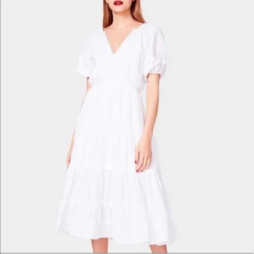 Betsey Johnson Spectator Tiered Midi Dress White Speckled Cottage Prairie Boho S